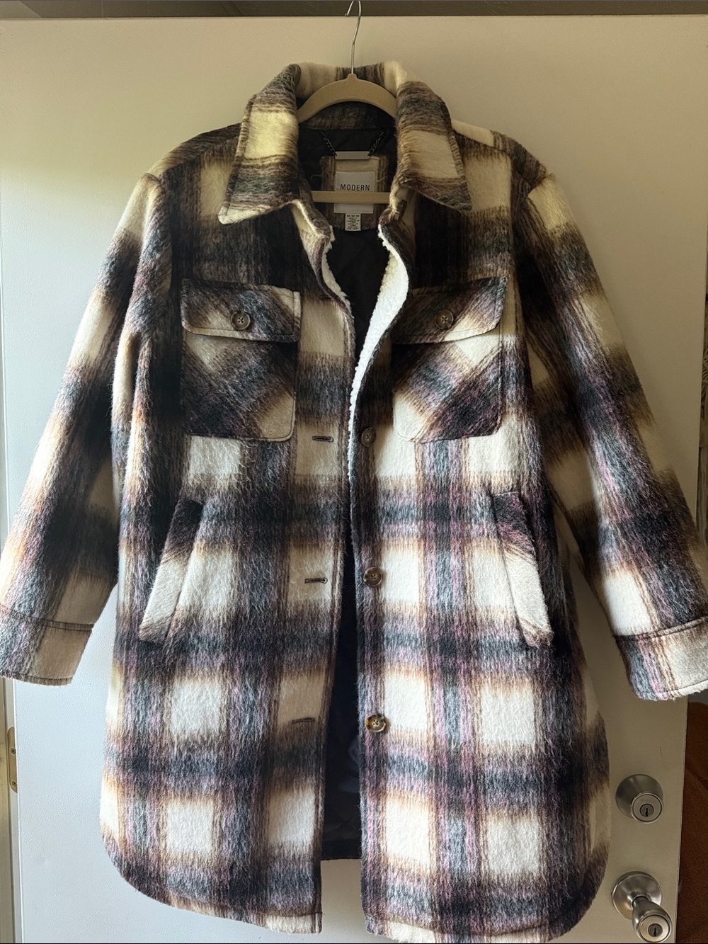 Plaid Wool-Blend Pea Coat in Cream and Brown